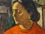 une peinture à l'huile représentant une femme vêtue d'un t-shirt orange, assise sur une chaise
