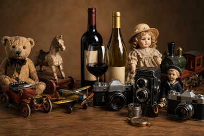 des bouteilles de vin, un ours en peluche, un petit train et une bouteille de vin posés sur une table en bois