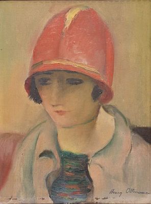 tableau représentant une femme portant un chapeau rouge et une cravate