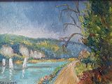 a painting of a view of a lake with sailboats in the water
