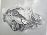 painting of a car with its hood open and the front end of it ' s hood open