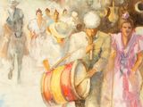 painting of a group of people walking down a street with barrels