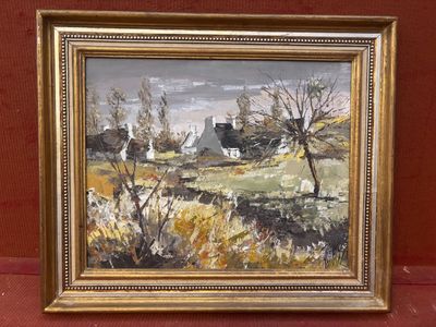 une peinture à l'huile d'une scène de ferme dans un cadre doré sur fond rouge