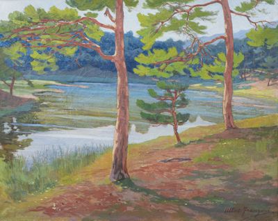 painting of a view of a lake with trees and a body of water in the distance