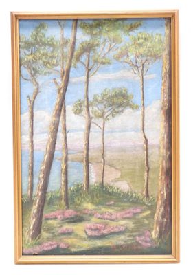painting of a landscape with trees and a lake in the distance
