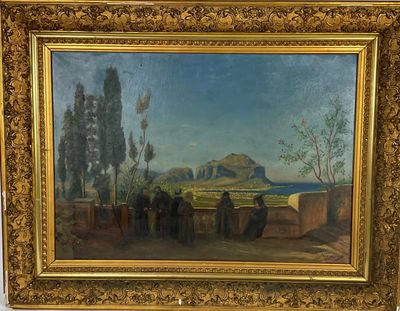 an oil painting of a group of people standing in front of a mountain