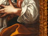 painting of a woman holding a bird in her hand in a golden frame