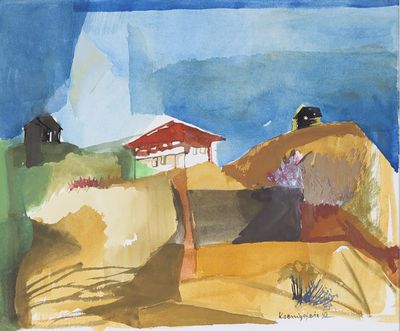 une image représentant une aquarelle d'une maison sur une colline