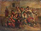 un vieux tableau représentant un groupe de personnes dans un village