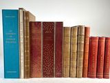 plusieurs vieux livres sont alignés sur une surface blanche