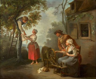 une image représentant un tableau où figurent un homme et une femme accompagnés d'un chat