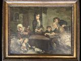 an old painting of a family gathered around a table in a room