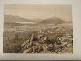 an old picture of a view of a valley with mountains in the background