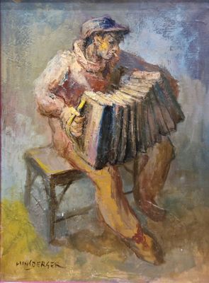 une peinture à l'huile représentant un homme assis sur un banc en train de jouer de l'accordéon