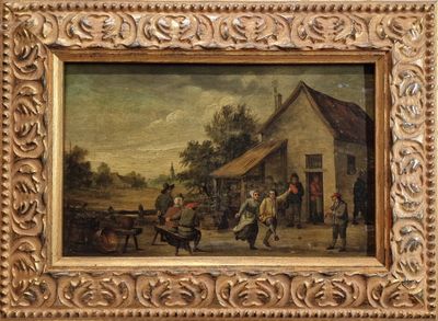 tableau représentant une scène de village avec un homme et une femme devant une maison