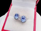 pair of blue and white diamond stud earrings in a red box