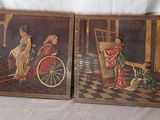 paire de peintures chinoises anciennes représentant une femme et un homme dans une pièce