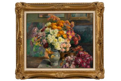une peinture de fleurs dans un vase sur une table