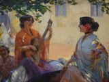 painting of a group of women sitting under a tree playing musical instruments
