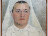 tableau représentant une femme en robe blanche avec une croix rouge sur le front