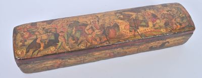 a small wooden box with a painting on it