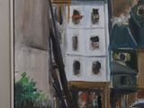 an oil painting of a car driving down a street next to a tall building