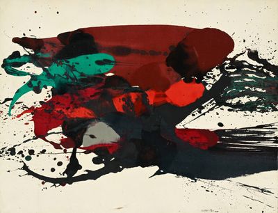 peinture abstraite représentant une personne à moto portant un casque rouge