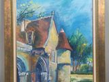 une peinture à l'huile représentant une maison dans un champ, avec un ciel bleu en arrière-plan