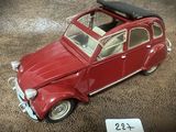 une petite voiture rouge sur laquelle est posée une valise