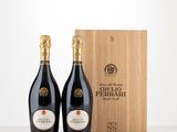 two bottles of wine in front of a wooden box