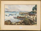 a picture of a painting of boats on the water