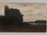 an oil painting of a landscape with trees and a body of water
