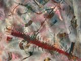 abstract painting of a pink and blue painting with a lot of small objects