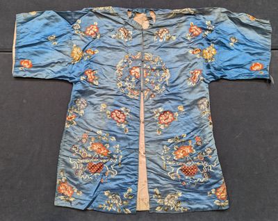 an antique chinese blue silk embroidered robe with floral design