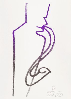drawing of a woman ' s face with a purple marker on a white paper