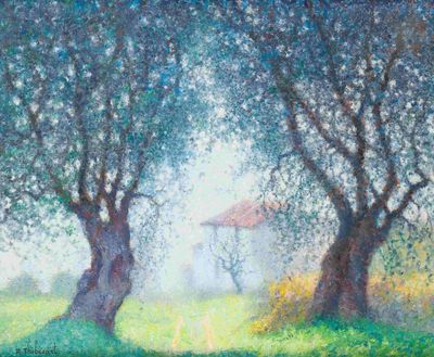 painting of two olive trees in a field with a house in the background