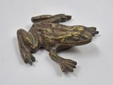 a small bronze frog sitting on a white surface