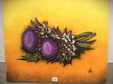 une peinture représentant trois fleurs violettes sur fond jaune