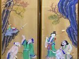 two framed paintings of asian men and women in a landscape