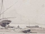 a drawing of a boat on the beach by the water