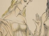 a drawing of two women standing next to each other