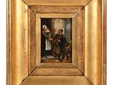 un vieux tableau représentant un homme et une femme debout devant un enfant