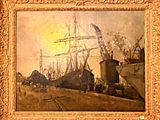painting of a painting of a harbor scene with ships in the water
