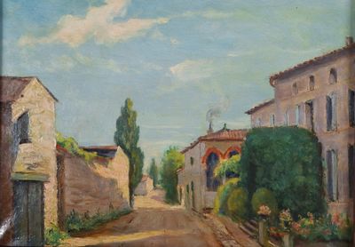 une peinture à l'huile représentant une rue d'une petite ville, avec des bâtiments et des arbres