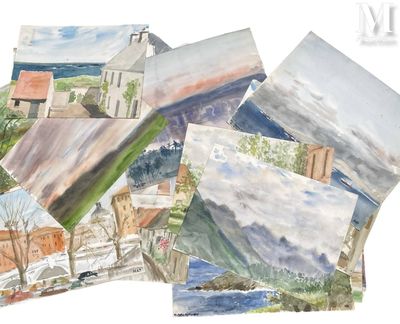 plusieurs aquarelles représentant une église, une église et une rivière