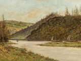 un tableau représentant une rivière avec un pont au loin