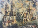 une peinture à l'huile représentant une église à deux clochers sur fond de ciel
