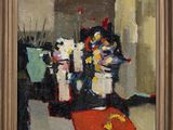 an oil painting of a vase of flowers on a table