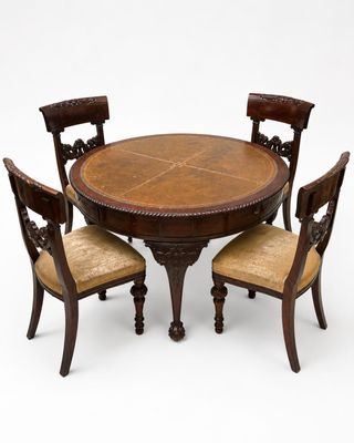 une image représentant une table en bois entourée de quatre chaises