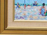 a painting of a woman sitting on the beach